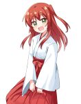  1girl blush bocchi_the_rock! green_eyes hair_between_eyes hakama haru_(konomi_150) highres japanese_clothes kita_ikuyo long_hair long_sleeves looking_at_viewer miko one_side_up open_mouth red_hair red_hakama simple_background smile solo white_background wide_sleeves 