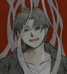  1boy broad_shoulders brown_eyes brown_hair brown_jacket collarbone commentary_request curtained_hair empty_eyes fusaishi_haruaki half-closed_eyes head_tilt jacket looking_at_viewer male_focus open_clothes open_jacket open_mouth portrait raging_loop red_background ringed_eyes sema_(vivaviva_02) shirt short_hair simple_background smile smoke_trail solo v-neck white_shirt 