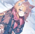  1girl alternate_costume animal_ear_fluff animal_ears blue_archive blue_eyes brown_coat coat double-parted_bangs fox_ears fox_girl gloves hair_between_eyes halo highres hisiya_(wldn1112) looking_at_viewer mari_(blue_archive) open_mouth orange_hair reaching reaching_towards_viewer red_gloves red_scarf scarf single_glove smile solo upper_body winter_clothes winter_coat yellow_halo 