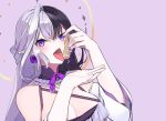  1girl absurdres algorhythm_project black_hair commission condom detached_sleeves eileennoir highres purple_eyes purple_ribbon ribbon skeb_commission tongue tongue_out used_condom virtual_youtuber white_hair white_sleeves yanagui 