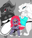  anthro big_breasts bottomwear breasts brightdowne bunny_costume clothing costume female female/female generation_4_pokemon generation_5_pokemon group hi_res legendary_pokemon maid_uniform nintendo pokemon pokemon_(species) reshiram shorts trio uniform weavile zekrom 