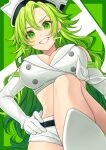  1girl bare_shoulders bleach bleach:_sennen_kessen-hen breasts candice_catnipp commentary_request crop_top drop_shadow elbow_gloves eyelashes fang from_below gloves green_background green_eyes green_hair grin hair_between_eyes hand_on_own_hip hat highres karokuchitose knee_up large_breasts lightning_hair long_hair looking_at_viewer looking_down micro_shorts military_hat shirt shorts sidelocks simple_background smile solo v-shaped_eyebrows very_long_hair wavy_hair white_gloves white_headwear white_shirt white_shorts 