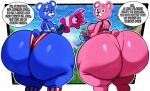absurd_res anthro bear big_breasts big_butt black_eyes blue_body breasts butt clothing cuddle_team_leader duo english_text epic_games exclamation_point female fireworks_team_leader fortnite half-closed_eyes hi_res holding_jar holding_object holding_weapon huge_butt huge_hips huge_thighs hyper hyper_butt inuzu looking_at_viewer looking_back mammal narrowed_eyes open_mouth pink_body shield_potion side_boob speech_bubble text thick_thighs underwear weapon wide_hips