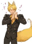  1boy animal_ear_fluff animal_ears bishounen black_pants black_suit blonde_hair blue_eyes curly_eyebrows facial_hair formal fox_boy fox_ears fox_tail hair_over_one_eye heart highres lampppppw male_focus necktie one_piece open_mouth pant_suit pants sanji_(one_piece) smile suit tail 