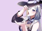  1girl absurdres black_sleeves blue_eyes commission condom detached_sleeves hat heart heart-shaped_pupils highres purple_ribbon ribbon shino_laila skeb_commission symbol-shaped_pupils tongue tongue_out used_condom virtual_youtuber wactor_production white_hair witch_hat yanagui 