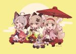  3girls animal_ears arknights artist_name blonde_hair cat_ears cat_girl cat_tail chibi closed_eyes commentary dango eating food fox_ears fox_girl fox_tail green_eyes grey_hair japanese_clothes kimono kitsune kyuubi lens_(arknights) light_brown_hair long_hair mint_(arknights) mint_(tsukiyoi)_(arknights) multiple_girls multiple_tails official_alternate_costume open_mouth sanshoku_dango scene_(arknights) scene_(betsushi)_(arknights) short_hair suzuran_(arknights) suzuran_(yukibare)_(arknights) symbol-only_commentary tail urabe_(mstchan) wagashi yellow_eyes 