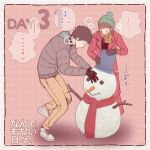  1boy 1girl black_hair brown_hair couple gloves hat highres jacket jorori mittens original scarf short_hair snowman 