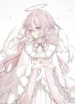  1girl bandaged_neck bandages cross feathered_wings hair_ribbon halo highres long_hair looking_to_the_side original own_hands_clasped own_hands_together pink_eyes pink_hair pink_ribbon ribbon simple_background solo white_background white_wings wide_sleeves wings yuni_0205 