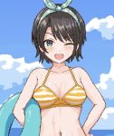  1girl ;d aqua_eyes bare_shoulders bikini breasts brown_hair cloud collarbone hair_ribbon hololive innertube medium_breasts navel one_eye_closed oozora_subaru oozora_subaru_(hololive_summer_2019) pixel_art ribbon short_hair smile solo striped striped_bikini swim_ring swimsuit virtual_youtuber zou_eita 