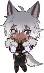  1girl :3 ahoge animal_ears black_bodysuit blue_eyes blush_stickers bodysuit borrowed_character brown_eyes brown_footwear brown_gloves chest_harness chibi dark-skinned_female dark_skin dog_ears dog_girl dog_tail full_body fur-trimmed_sleeves fur_collar fur_trim gloves gradient_eyes gradient_hair grey_hair harness jacket lapithai long_sleeves looking_at_viewer lowres medium_hair multicolored_eyes multicolored_hair open_mouth original pom_pom_(clothes) simple_background solo standing tail thick_eyebrows transparent_background white_jacket 
