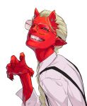  1boy blonde_hair braid claw_pose collared_shirt colored_skin demon_boy fingernails glasses highres horns long_sleeves looking_at_viewer male_focus oni oni_horns open_mouth original pointy_ears red_skin round_eyewear sharp_fingernails sharp_teeth shirt simple_background smile solo suspenders teeth teru_by_m upper_body white_background white_shirt 