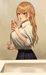  1girl absurdres black_eyes blush breasts cellphone earrings highres jewelry long_hair necktie orange_hair original phone pleated_skirt puckered_lips school_uniform shan9uli4 skirt smartphone solo v 