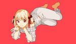  1girl alternate_costume alternate_hairstyle bangs barefoot blonde_hair bow closed_mouth dou_(mame_eee) full_body hair_bow head_rest highres loungewear lycoris_recoil lying nishikigi_chisato on_side pants red_background red_eyes shirt short_hair simple_background smile solo toes two_side_up v white_pants white_shirt 