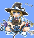  1girl @_@ beer_can black_headwear black_skirt black_vest blue_background blue_pikmin blush bow breasts can commentary_request controller cookie_(touhou) dried_squid drink_can frilled_skirt frills full_body game_controller gamecube_controller grey_eyes hair_bow hat hat_bow holding holding_controller holding_game_controller indian_style kinu_(cookie) kirisame_marisa long_hair looking_at_viewer medium_bangs medium_breasts no_shoes open_mouth outline pikmin_(creature) pikmin_(series) pikmin_2 purple_pikmin red_pikmin sapporo_beer simple_background sitting skirt smile socks touhou translation_request triangle_mouth tsukuru_hajime vest white_bow white_outline white_pikmin white_socks witch_hat yellow_pikmin 