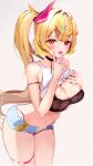  1girl absurdres blonde_hair blue_nails bra breasts cleavage clothes_lift crop_top hair_ornament hair_ribbon hairclip heterochromia highres hoshikawa_sara large_breasts long_hair looking_at_viewer midriff nail_polish navel nijisanji niku_(hamuchang) open_mouth orange_eyes red_eyes red_nails ribbon shirt_lift short_shorts shorts side_ponytail simple_background skindentation smile solo thigh_strap thighs underwear very_long_hair virtual_youtuber wet x_hair_ornament 