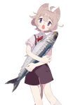  1girl ahoge animal animal_hug blue_eyes bow bowtie brown_shorts brown_tail collared_shirt fang feet_out_of_frame fish fish_request holding holding_animal holding_fish light_brown_hair looking_at_viewer open_mouth original red_bow red_bowtie shirt short_hair short_sleeves shorts simple_background skin_fang solo sorata123 suspenders white_background white_shirt 