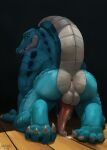 absurd_res anus ass_up backsack balls bedroom_eyes blue_body blue_scales bodily_fluids butt crocodilian cum cum_on_ground digital_media_(artwork) erection genital_fluids genitals hi_res looking_at_viewer looking_back looking_back_at_viewer male multicolored_body narrowed_eyes penis precum presenting presenting_anus presenting_hindquarters raised_tail reku_illustration reptile scales scalie seductive solo tail two_tone_body