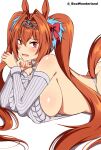  1girl absurdres animal_ears ass bow box_wonderland breasts daiwa_scarlet_(umamusume) hair_bow hair_ornament highres horse_ears horse_girl horse_tail large_breasts long_hair looking_at_viewer lying meme_attire on_stomach orange_hair red_eyes tail tiara twintails umamusume virgin_destroyer_sweater white_background 