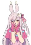 1girl animal_ears blush closed_mouth cosplay dress gloves grey_hair hands_on_own_face hands_up hitsuki_rei hoshino_ai_(oshi_no_ko) hoshino_ai_(oshi_no_ko)_(cosplay) indie_virtual_youtuber long_hair looking_at_viewer multicolored_hair nica_wolper one_side_up oshi_no_ko pink_dress pink_gloves pink_hair rabbit_ears red_eyes simple_background smile solo star_(symbol) streaked_hair symbol-shaped_pupils very_long_hair virtual_youtuber white_background 