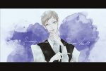  1boy absurdres aijii_(rakuzaaaan08) ballroom_e_youkoso black_vest brown_eyes character_request english_text hand_up highres letterboxed light_brown_hair long_sleeves male_focus purple_background shirt simple_background solo vest white_background white_shirt 