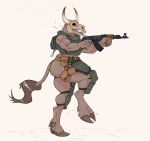 ak-47 anthro assault_rifle bodily_fluids bone bottomless bovid bovine cattle clothed clothing demon female gun hi_res hooves horn mammal muscular muscular_female ranged_weapon rifle saliva skull smoke snakedakyoot thick_thighs thickskull_(snakedakyoot) weapon