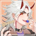  1boy alternate_costume arataki_itto artist_name black_nails brown_jacket candy collar earrings food genshin_impact grey_hair horns jacket jewelry lollipop long_hair oni_horns orange_background orange_eyes sheishii tongue tongue_out twitter_username 