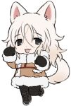  1girl :3 animal_ears black_eyes black_footwear black_gloves black_pants boots borrowed_character brown_coat chest_harness chibi closed_mouth coat dog_ears dog_girl dog_tail full_body fur-trimmed_coat fur-trimmed_sleeves fur_collar fur_trim gloves hair_between_eyes hands_up harness lapithai long_sleeves looking_at_viewer lowres original pants paw_pose samoyed_(dog) simple_background solo standing standing_on_one_leg tail tongue tongue_out transparent_background white_hair 