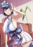  1girl absurdres against_furniture belt black_collar black_sash blue_belt blue_eyes blue_hair blue_kimono breasts collar contrapposto cosplay erasorpepero floral_print_kimono flower fuwawa_abyssgard fuwawa_abyssgard_(cosplay) fuwawa_abyssgard_(new_year) garter_belt hair_flower hair_ornament highres hololive hololive_english indoors japanese_clothes kimono large_breasts long_hair looking_at_viewer multicolored_hair obi official_alternate_costume ouro_kronii ponytail sash sideless_kimono sleeveless sleeveless_kimono solo streaked_hair sunlight tail thigh_strap virtual_youtuber 