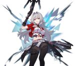  1girl belt brown_eyes crossbow gloves grey_gloves grey_hair helia_(honkai_impact) honkai_(series) honkai_impact_3rd jacket midriff official_art open_clothes open_jacket open_mouth pantyhose red_gloves red_jacket short_shorts shorts standing transparent_background weapon 