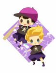  2boys alternate_color baseball_bat baseball_cap black_hair black_shirt black_socks blonde_hair blush_stickers character_print doseisan hat hitofutarai holding holding_baseball_bat lucas_(mother_3) male_focus matching_outfits mother_(game) mother_2 mother_3 multiple_boys ness_(mother_2) open_mouth player_2 purple_footwear purple_headwear purple_shorts shirt shorts socks solid_oval_eyes super_smash_bros. t-shirt 