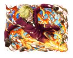  1boy black_gloves black_shirt blonde_hair burgundy_jacket burgundy_pants cigarette fire formal gloves hair_over_one_eye kicking necktie official_art one_piece one_piece_treasure_cruise sanji_(one_piece) shirt short_hair smoking suit white_necktie 