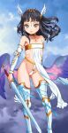  armor ass_visible_through_thighs bandeau black_hair blue_hair blue_ribbon blue_sky blush clothing_aside commentary_request eiyuu_senki eiyuu_senki_ww feathered_wings flat_chest floating_hair gauntlets gold_choker greaves grey_eyes head_wings headgear highres holding holding_sword holding_weapon light_smile long_hair looking_at_viewer low_wings multicolored_hair pelvic_curtain pelvic_curtain_aside revealing_clothes ribbon ribs rossweisse_(eiyuu_senki) sky sword tiara two-tone_hair ura_(mabutawo) wavy_hair weapon wind wings 