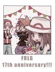  1girl 2boys anniversary arm_up banner baseball_cap black_border black_shirt black_wristband blank_eyes blue_oak blue_pants blue_shirt blush border brown_eyes brown_hair cake candle commentary confetti copyright_name dessert food fruit grey_background hands_up happy hat highres holding holding_cake holding_food leaf_(pokemon) long_hair looking_at_another looking_at_viewer mgomurainu multiple_boys open_mouth pants party_popper pokemon pokemon_frlg purple_pants red_(pokemon) red_headwear red_vest shirt short_sleeves sleeveless sleeveless_shirt smile spiked_hair strawberry surprised sweatdrop upper_body vest white_headwear 