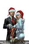  1boy 1girl arm_around_waist ascot ass black_hair black_jacket black_pants blonde_hair blue_eyes blue_lips chessboard collared_shirt emma_frost gloves hat highres iron_man jacket kael_ngu long_hair marvel pants red_ascot red_headwear santa_hat shirt short_hair simple_background suit tony_stark white_background white_gloves white_jacket white_pants white_shirt 