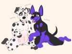2024 andromorph anthro belly belly_nipples black_body black_fur black_markings black_nose black_spots bluekyokitty brown_eyes button_ears canid canine canis clitoris cross_(marking) dalmatian digital_drawing_(artwork) digital_media_(artwork) dobermann domestic_dog duo enlarged_clitoris erect_clitoris flat_colors floppy_ears fur genitals handpaw heart_(marking) hi_res hindpaw intersex kneeling mammal markings mastectomy_scar narrowed_eyes navel nipples nude open_mouth paws pink_belly pink_clitoris pink_nipples pink_scar pink_tongue pinscher prick_ears purple_body purple_clitoris purple_fur purple_scar pussy scar sebdoggo simple_background snout spots spotted_body spotted_fur submissive submissive_andromorph submissive_anthro submissive_intersex tail teeth tongue tongue_out trans_(lore) trans_man_(lore) visibly_trans whining white_body white_fur x_navel