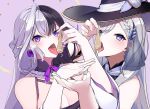  2girls absurdres algorhythm_project black_hair black_sleeves blue_eyes commission condom detached_sleeves eileennoir hat heart heart-shaped_pupils highres multiple_girls purple_eyes purple_ribbon ribbon shino_laila skeb_commission symbol-shaped_pupils tongue tongue_out used_condom virtual_youtuber wactor_production white_hair white_sleeves witch_hat yanagui 