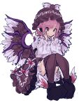  1girl absurdres animal_ears bird_ears bird_wings black_footwear brown_dress brown_headwear brown_thighhighs dress frilled_sleeves frills full_body hat highres long_sleeves mugi_(mugimugi_9kv) mystia_lorelei pink_eyes pink_hair shoes short_hair simple_background solo thighhighs touhou white_background white_wings winged_footwear winged_hat wings 