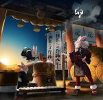  1girl animal_ears architecture burari east_asian_architecture hand_on_hip holding holding_mallet kine long_hair mallet mochitsuki mortar_(bowl) obi obijime original rabbit rabbit_ears sash sunrise tabi white_hair zouri 