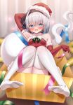  1girl armpit_crease armpits blue_eyes blush box feet gift gift_box hat highres konpaku_youmu konpaku_youmu_(ghost) looking_at_viewer open_mouth otowa_(otoha4634) santa_hat solo thighhighs thighs touhou white_hair white_thighhighs 