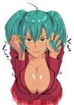  1girl ahoge breasts cleavage collarbone dark-skinned_female dark_skin green_eyes green_hair grin haiboku hands_up highres holding holding_hair ikkitousen jacket large_breasts leaning_forward long_hair long_sleeves looking_at_viewer motion_lines pleated_skirt red_jacket red_skirt ryofu_housen school_uniform skirt smile solo twintails v-shaped_eyebrows 