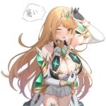  1girl ;o absurdres arm_up armpits blonde_hair blush breasts circlet cleavage cleavage_cutout clothing_cutout core_crystal_(xenoblade) cowboy_shot downblouse dress earrings elbow_gloves gloves heavy_breathing highres jewelry large_breasts leaning_forward long_hair looking_at_viewer mythra_(xenoblade) nixo_(gugunico) one_eye_closed open_mouth simple_background solo thigh_strap very_long_hair white_background white_dress white_gloves xenoblade_chronicles_(series) xenoblade_chronicles_2 yellow_eyes 