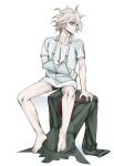  1boy bandaged_arm bandages bare_legs barefoot closed_mouth collarbone danganronpa_(series) danganronpa_2:_goodbye_despair green_jacket grey_hair grey_shirt highres jacket komaeda_nagito male_focus messy_hair natsukusa_(hacho129) print_shirt profile shirt short_sleeves simple_background sitting solo 