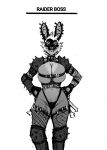  1girl animal_ears breasts furry gloves greyscale hands_on_own_hips highres large_breasts looking_at_viewer monochrome rabbit_ears stedilnik thighhighs white_background 