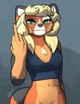 abs ailurid black_body black_fur blonde_hair bottomless chest_tuft clothed clothing female feretta fur gesture green_eyes hair hi_res looking_at_viewer mammal middle_finger morgan_laranda orange_body orange_fur red_panda simple_background tan_body tan_fur tuft white_body white_fur