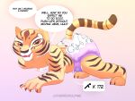 anthro bandage bandaged_chest claws dialogue diaper dreamworks exercise felid female hand_behind_back hi_res kung_fu_panda looking_at_viewer mammal master_tigress open_mouth paddedvulpine pantherine push-up solo speech_bubble stripes teeth tiger watermark