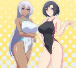  2girls black_hair black_one-piece_swimsuit blue_eyes breasts commentary_request competition_swimsuit covered_navel dark-skinned_female dark_skin grey_hair groin highleg highleg_swimsuit large_breasts lips long_hair madoka_(user_zrnk8278) multiple_girls one-piece_swimsuit original purple_eyes short_hair standing swimsuit two-tone_swimsuit white_one-piece_swimsuit 