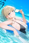 1girl ai-generated alternate_costume bare_shoulders blonde_hair blue_archive blue_eyes blue_sky blush braid breasts cleavage collarbone commentary_request earpiece earrings food grey_one-piece_swimsuit halo halterneck highres holding holding_food ice_cream in_water jewelry looking_at_viewer medium_breasts medium_hair myuto12345 one-piece_swimsuit outdoors parted_lips sky solo swimsuit toki_(blue_archive) upper_body 