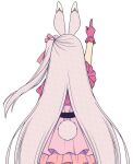  1girl animal_ears arm_up cosplay dress facing_away from_behind gloves hitsuki_rei hoshino_ai_(oshi_no_ko) hoshino_ai_(oshi_no_ko)_(cosplay) indie_virtual_youtuber long_hair nica_wolper one_side_up oshi_no_ko pink_dress pink_gloves rabbit_ears rabbit_girl rabbit_tail simple_background solo tail very_long_hair virtual_youtuber white_background 