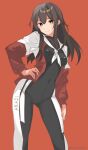  1girl akagi_(kancolle) alternate_costume black_bikesuit black_bodysuit black_hair bodysuit brown_eyes character_name feet_out_of_frame hand_on_own_hip highres jacket kantai_collection miron_(mirona33) multicolored_clothes multicolored_jacket neckerchief open_clothes open_jacket red_background solo two-tone_jacket white_neckerchief 