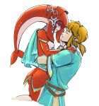  1boy 1girl blonde_hair blue_tunic carrying carrying_person champion&#039;s_tunic_(zelda) closed_eyes colored_skin commentary couple english_commentary facing_another fins fish_girl fish_tail hetero huzongyu hyrule_warriors:_age_of_calamity jewelry link mipha pointy_ears ponytail red_skin sidelocks simple_background tail the_legend_of_zelda the_legend_of_zelda:_breath_of_the_wild white_background zora 